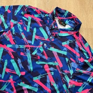 Yatta Golf Abstract Brushstroke Golf Polo Shirt Mens Medium Blue Pink Neon 90s
